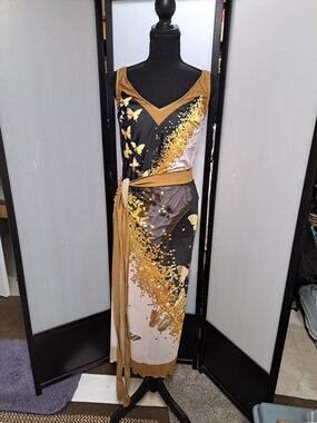 Butterfly Print Maxi Dress in Black and Gold